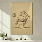 Frameless canvas print of a relaxed chubby frog perched on a toilet in a warm sepia sketch style, displayed on a bathroom wall as quirky and humorous home decor