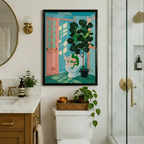 Colorful frog reading newspaper on toilet framed poster in real bathroom with gold fixtures and marble vanity, kawaii teal bathroom scene wall art with black frame above toilet