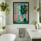 Funny frog on toilet reading newspaper framed print in bright white bathroom with freestanding tub and hanging plants, colorful kawaii teal bathroom art with black frame for bathroom wall decor