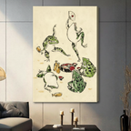 Gallery wrap stretched canvas of five expressive green spotted frogs in a lively Japanese ukiyo-e sake party scene with one frog fanning and dancing one drinking from a cup and others feasting around yellow sake bottles and red lacquer bowls on a vintage cream paper background hung frameless on a gray tile wall above a dark sofa