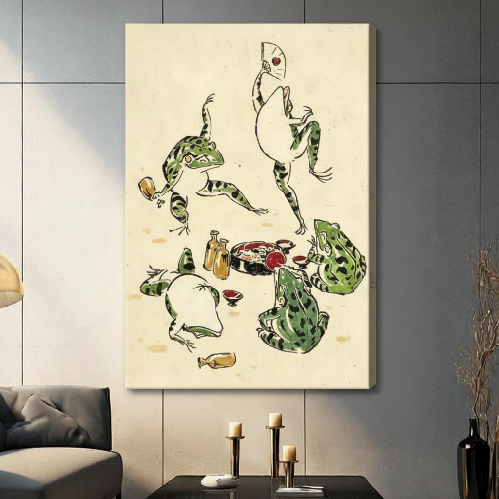 Gallery wrap stretched canvas of five expressive green spotted frogs in a lively Japanese ukiyo-e sake party scene with one frog fanning and dancing one drinking from a cup and others feasting around yellow sake bottles and red lacquer bowls on a vintage cream paper background hung frameless on a gray tile wall above a dark sofa