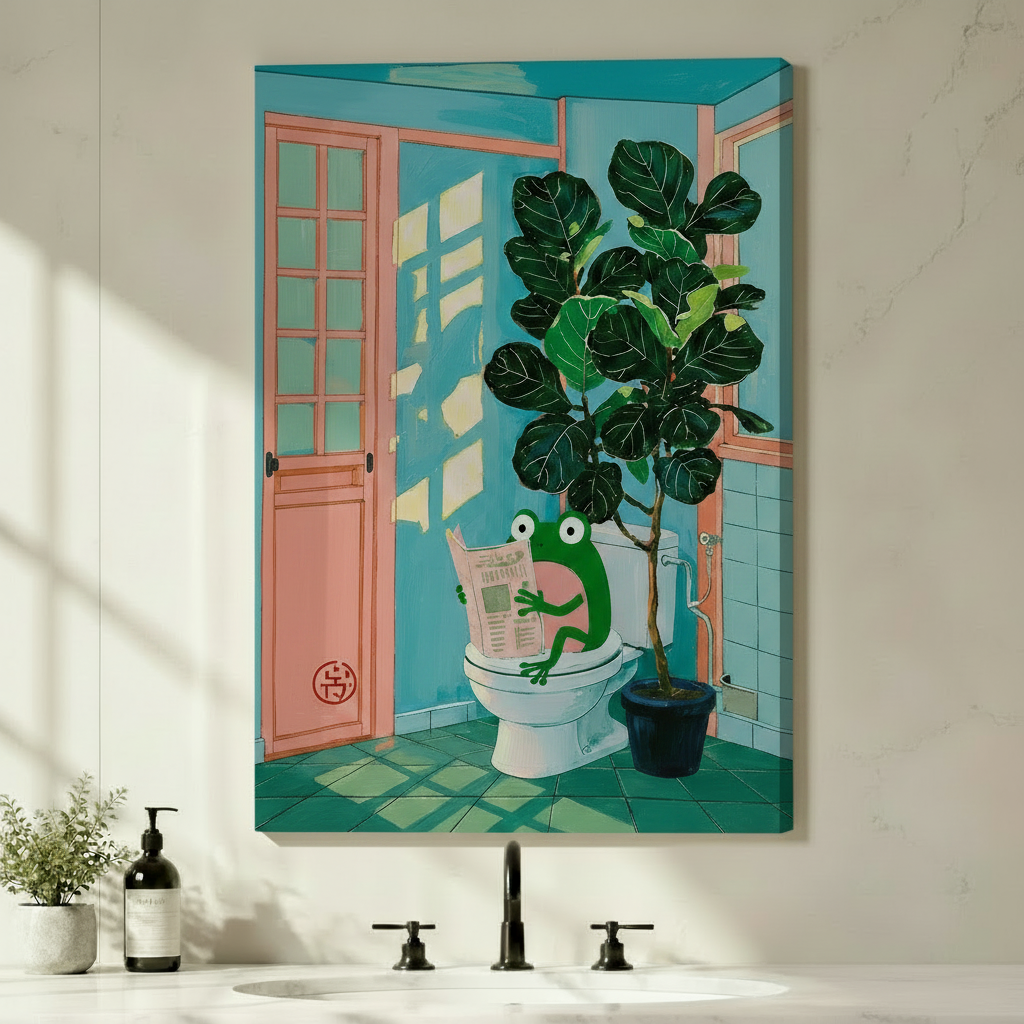 Whimsical green frog on toilet reading newspaper canvas wall art unframed, vibrant teal bathroom illustration with pink door and potted fiddle leaf fig, gallery wrap bathroom decor