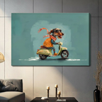Cartoon dachshund in orange sweater riding retro green scooter gallery wrap canvas art in teal blue on a dark gray paneled wall above a gray sofa with candle holders and a black decorative vase in a contemporary living room