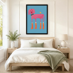 Black framed funky pink dog in orange star rain boots with yellow bird canvas art in sky blue above a bed with white linen bedding, a sage green throw blanket, light wood nightstands, a succulent, and a ceramic table lamp in a modern bedroom