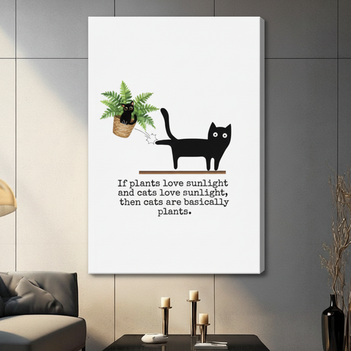 Stretched canvas funny black cat knocking fern off shelf with cats are basically plants quote wall art featuring a bold flat black cartoon cat on a wooden shelf nudging a wicker potted fern sideways with a witty typewriter-font quote If plants love sunlight and cats love sunlight then cats are basically plants on a clean white background, hung on a dark gray tiled wall above a gray sofa
