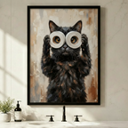 Funny black cat holding toilet paper rolls over eyes oil painting in black frame displayed above bathroom sink vanity