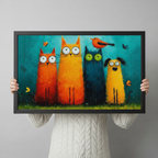 Person holding a large black framed funny animal squad canvas art print showing print size scale with two orange cats a blue cat a yellow dog and a red robin bird in bold colorful impasto oil painting style on a teal blue background