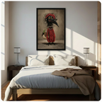 Whimsical crow character in red dotted outfit black framed canvas art mounted above bed in bright minimalist bedroom with natural sunlight