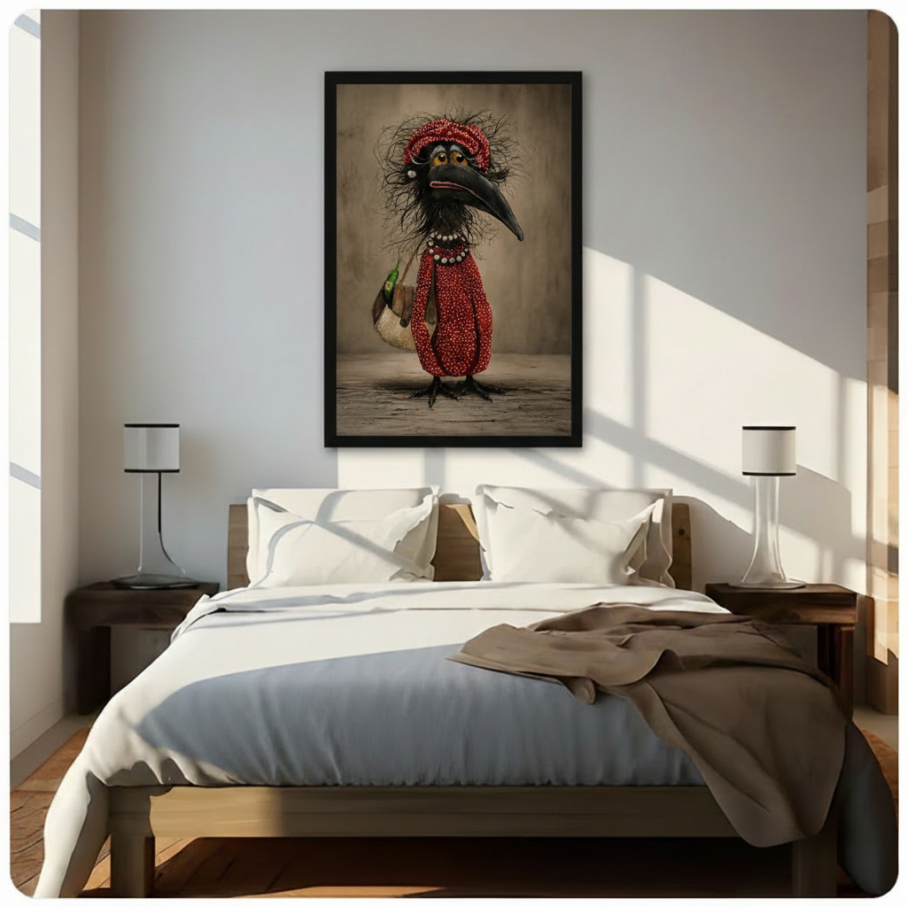 Whimsical crow character in red dotted outfit black framed canvas art mounted above bed in bright minimalist bedroom with natural sunlight