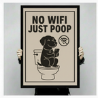 Person holding a large black framed funny dog No Wifi Just Poop canvas art print with a smiling black Labrador puppy on a toilet checking a phone beside a crossed-out wifi symbol on a warm beige background