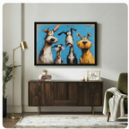 Funny dogs canvas art above bed — bold sketch-style cartoon pups on blue background, humorous bedroom wall decor