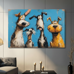 Humorous cartoon dogs stretched canvas print — four expressive pups in bold blue sketch style, gallery wrap home wall decor