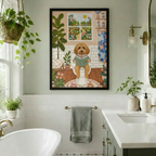 Black framed whimsical cottagecore funny goldendoodle bathroom reading canvas art with a fluffy golden curly doodle dog in a striped pajama top sitting on a white toilet reading a green hardcover book surrounded by abundant potted plants a large fiddle leaf fig a blue floral shower curtain a four-pane sunny garden window and a wooden shelf with glass jars and lavender on a white subway tile background with a floral round rug, hung in a bright plant-filled bathroom with a freestanding white soaking tub white