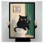 Hands holding a large black framed funny grumpy black cat on toilet bathroom canvas art print with a scowling black cat with heavy-lidded yellow eyes sitting on a white toilet holding a lit cigarette with rising smoke next to a teal shower curtain and a Please Seat Yourself sign on cream bathroom tiles