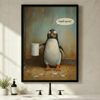Funny penguin holding toilet paper roll with Need More speech bubble, vintage oil painting style black framed wall art above bathroom sink with black fixtures