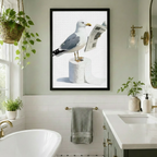 Funny seagull newspaper toilet paper framed wall art in a bright white bathroom with a freestanding bathtub subway tile walls brass fixtures hanging potted plants and double vanity