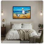 Funny seagulls beach oil painting canvas wall art above bed in minimal white bedroom with pendant lights