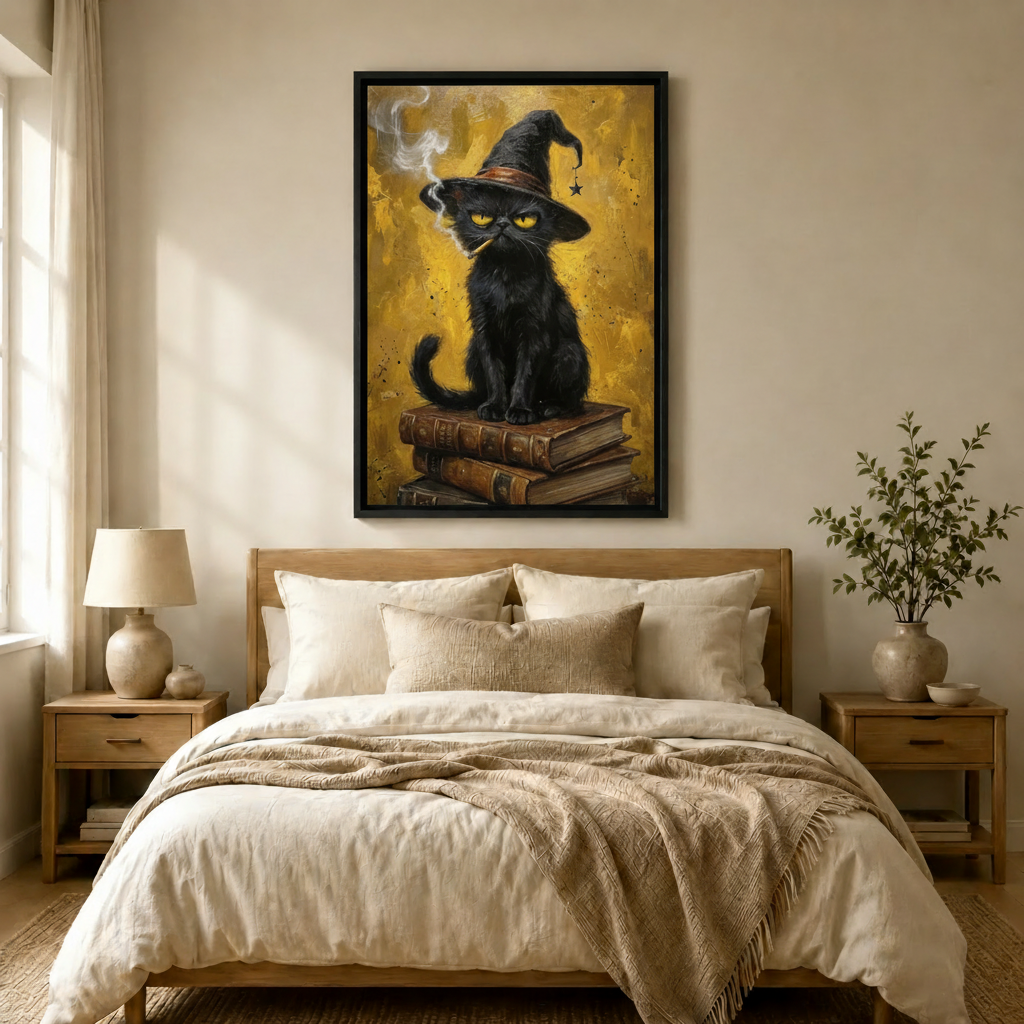 卧室场景 - 巫师黑猫油画