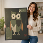 Woman holding black-framed geometric owl canvas art — whimsical vintage bird print for modern American home decor