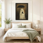 Black framed whimsical ghost holding a black umbrella and cradling a black cat in the rain wall art above a light oak bed with white linen bedding, a sage green throw blanket, wooden nightstands, and a white ceramic vase with greenery in a bright Scandinavian bedroom