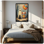 Framed canvas print of a spooky Halloween trio — white ghost, vintage clown with balloons, and black cat — hung as a statement wall art piece above a bed in a sunlit bedroom
