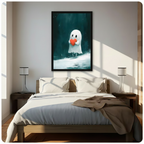 Black framed adorable white ghost clutching a red heart dark cute fantasy canvas wall art with teal misty forest background hung above a dark wood bed with white and beige linen bedding in a sunlit minimalist bedroom