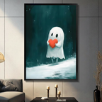 Black framed cute white ghost hugging a red heart dark fantasy canvas wall art with teal misty forest night background displayed in a modern gray living room with charcoal sofa black coffee table and gold candlestick holders
