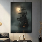 Gallery wrap canvas of ghost ship sailing through moonlit fog — gothic dark maritime painting for living room wall decor