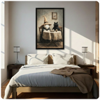 Black framed atmospheric whimsical oil painting of a white ghost in a black wizard cloak and tilted wide-brim witch hat enjoying afternoon tea with a stern fluffy black cat at a round table with white teacups saucers and teapot dark academia vintage canvas wall art hung in bright diagonal sunlight above a dark wood bed with white linen bedding