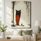 Surreal oversized black cat in red forest canvas wall art hung above a white sofa, gothic dark academia art print for living room