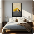 Framed whimsical illustration curly golden hair girl and black cat peeking over grey wall canvas print above wooden bed in sunlit minimalist bedroom - charming girl with black cat and white mouse wall art on warm cream background for contemporary bedroom home decor