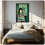 Girl in striped sweater cradling coffee mug with cat framed wall art above bed in bright Scandinavian bedroom
