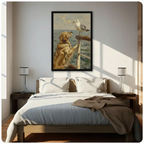 Black framed serene coastal vintage oil painting of a fluffy golden retriever standing on hind legs with paws on a wooden boat railing looking up at a white and gray seagull on the post above a calm blue-gray sea and soft sky warm impressionist animal canvas wall art hung in bright diagonal sunlight above a dark wood bed with white linen bedding