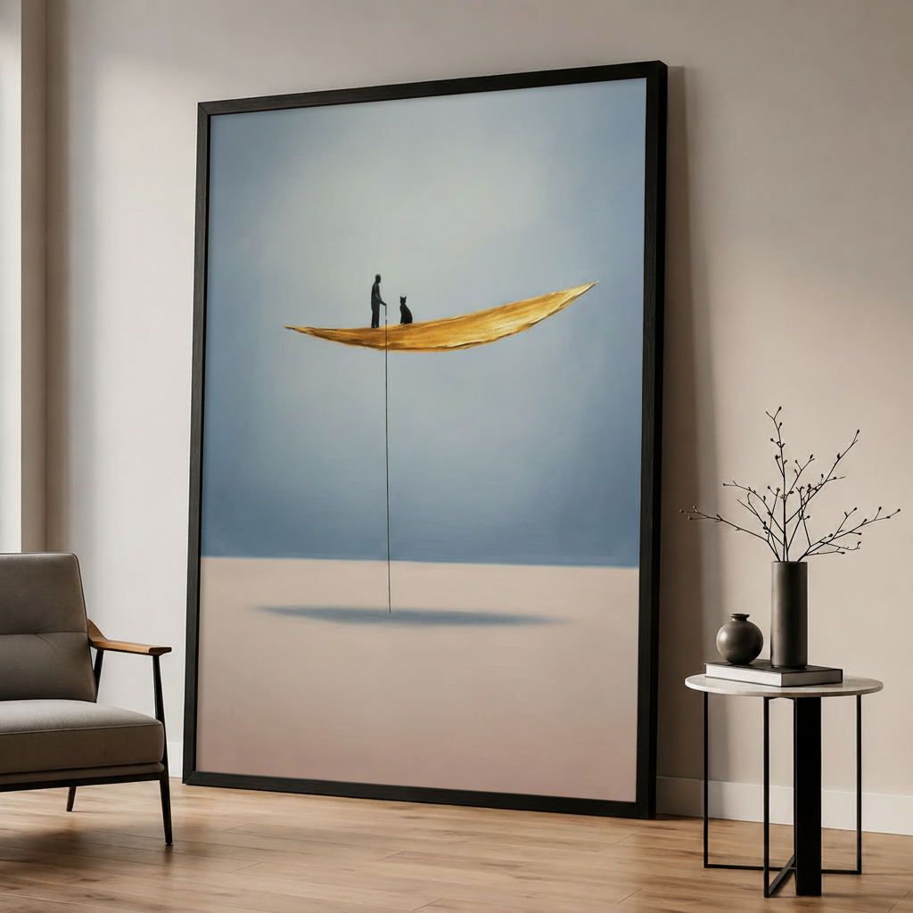 Golden Leaf Man & Cat – Living Room Leaning Frame Mockup