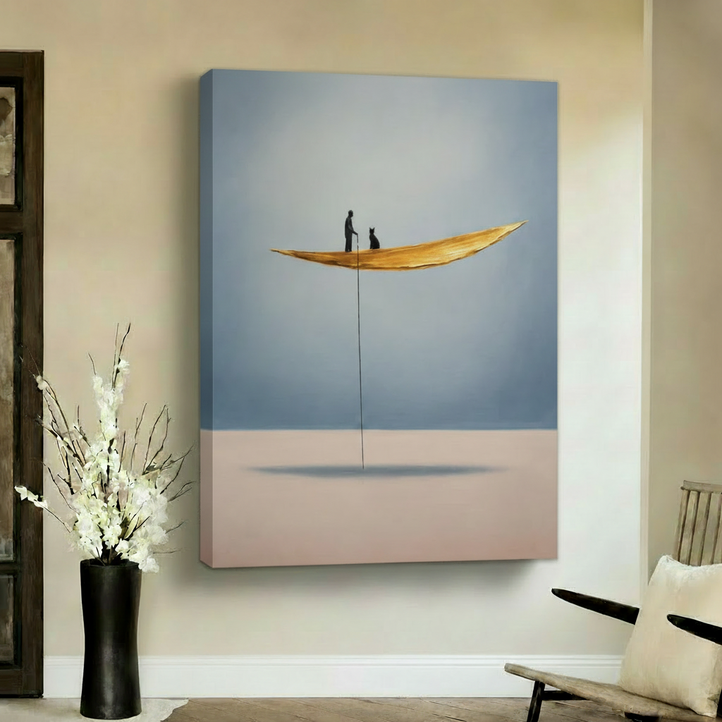 Golden Leaf Man & Cat – Stretched Canvas Wall Mockup