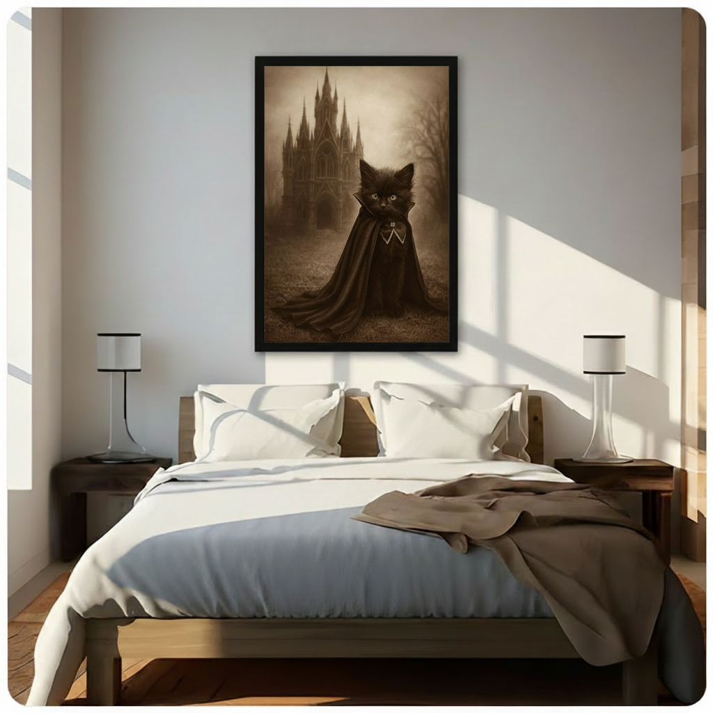 Framed gothic black cat vampire canvas art hung above a bed in a bright minimalist bedroom with warm natural light, featuring haunted castle silhouette and flowing dark cloak in vintage sepia tones