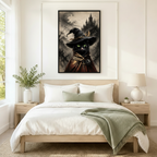Gothic black cat witch hat framed canvas art above a neutral linen bed, adding dark fantasy accent to a minimalist Scandinavian bedroom