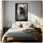 Dark gothic black unicorn in misty fog framed print hanging above bed in sunlit minimalist bedroom, dramatic fantasy horse oil painting style poster with black frame for bedroom wall decor