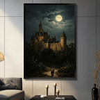 Framed gothic castle wall art featuring a black cat on a moonlit path, displayed in a moody living room setting
