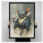 Gothic creature in Victorian collar holding wine glass framed art print held up against a light gray background showing full oil painting detail