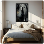 Gothic Halloween witch with pointed hat and glowing pumpkin in dark forest, black framed art print above bed in minimalist bedroom
