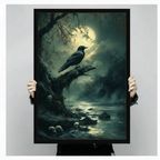 Woman holding gothic raven moonlit night canvas print — premium framed wall art gift for dark academia home decor