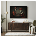 Dark romantic gothic skeleton couple oil painting style framed canvas wall art above wooden sideboard in eclectic living room
Notes: