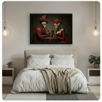 Gothic skeleton couple with red roses and wine framed canvas art hung above bed in neutral bedroom interior