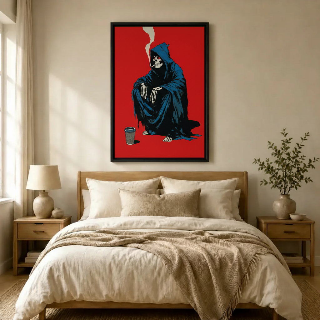 Framed gothic pop art canvas of a grim reaper skeleton in a tattered blue hooded cloak with a cigarette and coffee cup on a bold red background, hung above a neutral linen bed in a serene Japandi-style bedroom