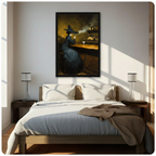 Framed gothic witch bar scene canvas above bed in sunlit bedroom — vintage oil painting of witch in wide-brim hat with martini and smoke
