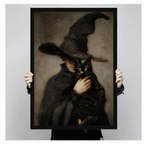 Person holding gothic witch with black cat vintage oil painting canvas art — dark academia wall decor, framed and ready to hang