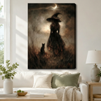 Gallery-wrapped canvas of a gothic witch silhouette with black cat gazing at crescent moon hung above a white linen sofa in a modern living room