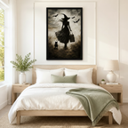 Woman holding a black-framed gothic witch and black cat art print showing scale and dark sepia oil painting texture