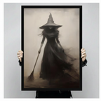 Faceless witch in wide-brim pointed hat dragging broom framed canvas print held up against a light gray background showing full gothic sepia oil painting detail